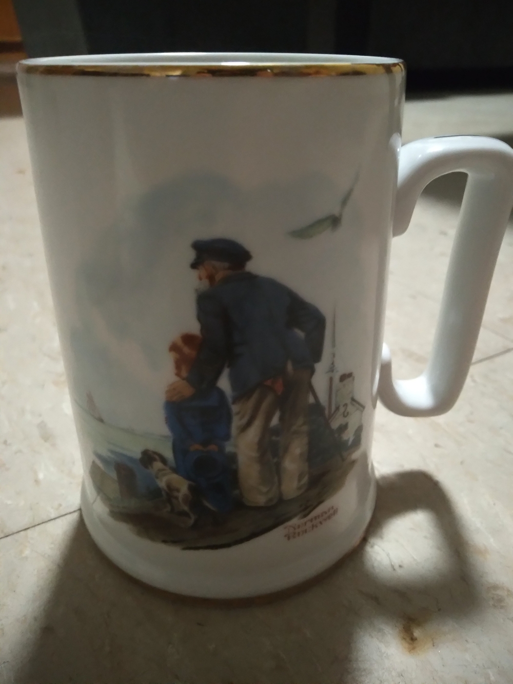 Norman Rockwell White Ceramic Mug with Nautical Illustration and Gold Trim